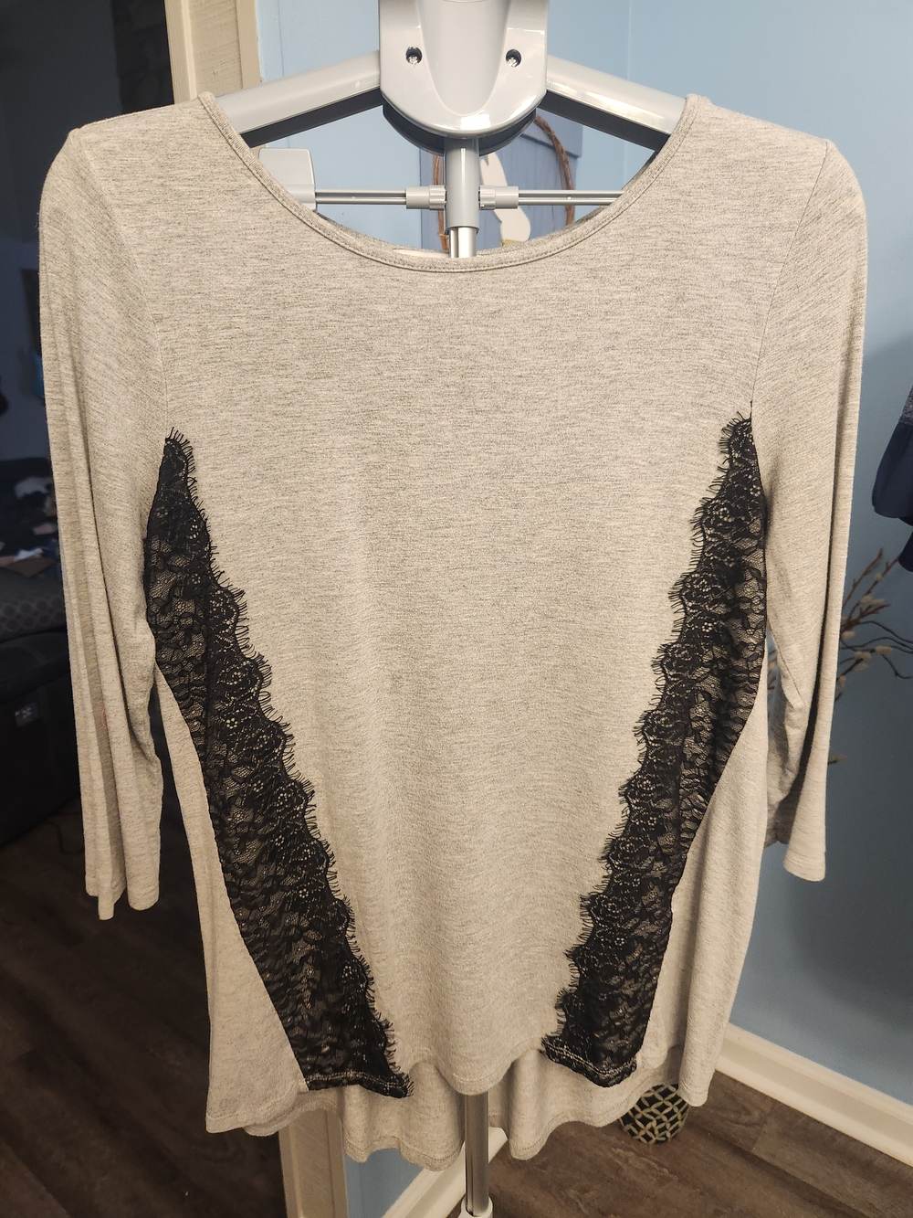 White House Black Market Gray Scoop Neck Top with Black Lace Insets